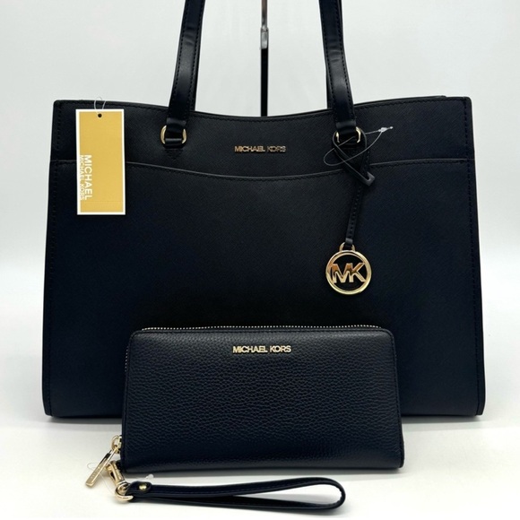 Michael Kors Large MF Pocket Shoulder Tote Bag & Continental Wallet Black/Gold - Picture 1 of 15